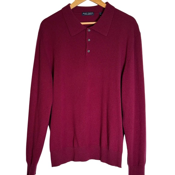 GRANT THOMAS Mens Burgundy Two Ply Pullover Cashmere Polo Sweater XL - Picture 2 of 10